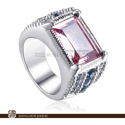 New! Vintage in Fashion Jewelry Pink Kunzite with 26PCS Blue Crystal 925 Sterling Silver Ring R1175