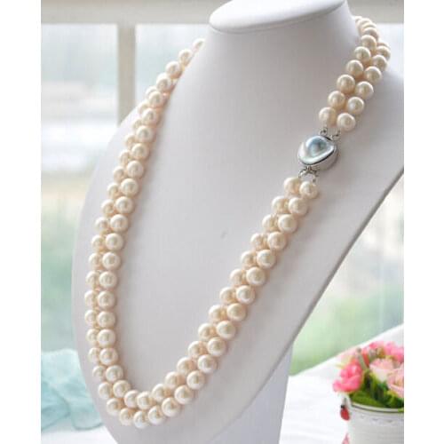 New 2row 9-10mm white akoya round white PEARL necklace mabe 19-20
