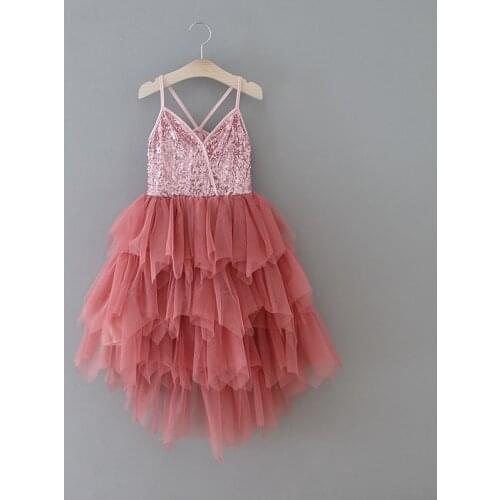 2020 Summer New Girls Sequined Strap Princess Dress Yarn Cake Dress Dress Big Girl Long Style Sling Dress for Children 80-150cm