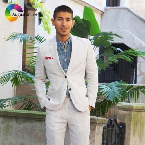 Casual Linen Ivory Men Suits Beach Wedding Suits for Man Slim Fit Groom Tuxedo Custom Made Best Man Blazer Jacket Pants 2Piece