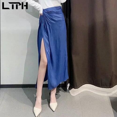 LTPH French elegant midi satin skirt women high waist kink side split luxury texture mid-length elegant skirts 2021 summer new