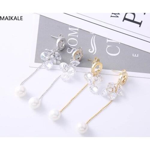 MAIKALE Long Earrings AAA Cubic Zirconia Stud Earrings With Pearl Gold Round Korean Earrings For Women Send Friend Gift