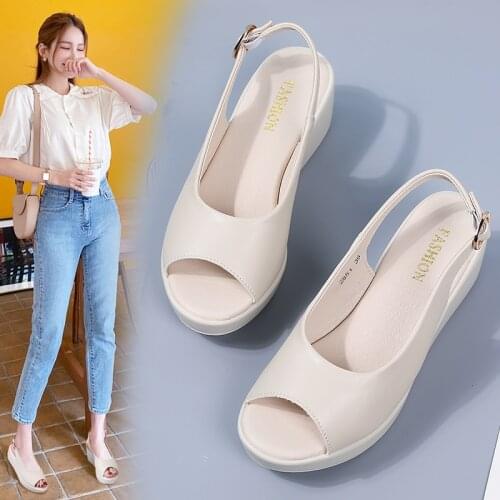 Thick-soled Wedge-heeled Womens Sandals Womens 2021 New Leather Mid-high-heeled Fish Mouth Flat Soft Leather Platform Shoes