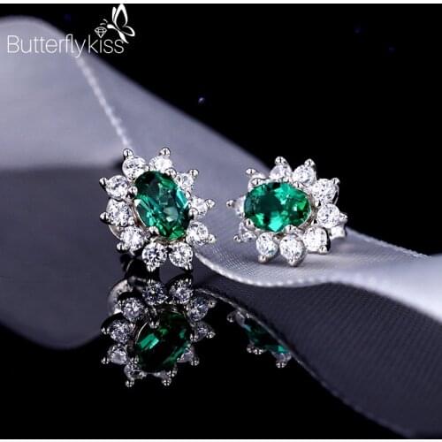 BK New Trendy Egg Shaped Earrings For Women Girl Real 925 Sterling Silver Created Emerald Round Jewelry Engagement Female Gifts
