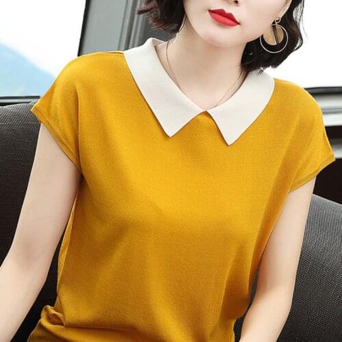 Women Spring Summer Style Knitted Blouses Shirts Lady Casual Short Sleeve Peter Pan Collar Yellow Blusas Tops ZZ0501