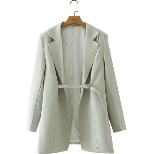 Nlzgmsj Za Women 2021 Autumn Green Bandage Breasted Cardigan Blazer New Notched Long Sleeve Loose Fit Jacket Fashion Tide 202108