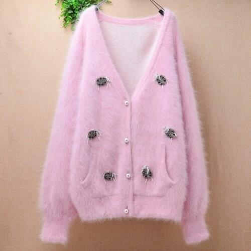 820g female women sweet pink hairy mink cashmere knitted beading v-neck loose oversized cardigans angora fur jacket coat sweater