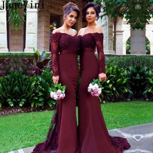 JaneVini Sexy Mermaid Burgundy Bridesmaid Dress Long Sleeve Satin Wedding Guest Dress Beaded Lace Ladies Prom Formal Gowns 2019