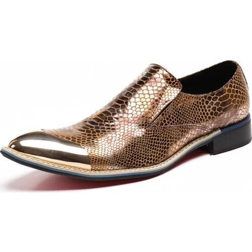 Free shipping new style gold Genuine Leather Loafers without lacing Men Casual shoes Mens Flats Metal tip men dress shoes