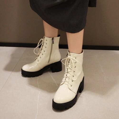 Shiny Patent Leather Cross-Lace Plush Inner Lining Fashion Boots Thick Heel Bottom Side Zipper Street Trend Women Ankle Boots
