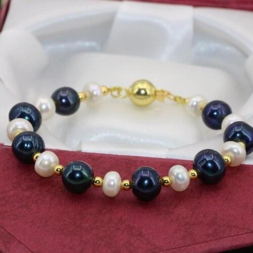 Classical design new 8-9mm natural black round pearl white 5*7mm abacus beads original clasp bracelets jewelry 7.5inch B2747