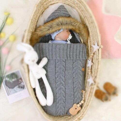 Baby Solid Color Cute Fur Collar Sleeping Bag Infant Sleepsack Footmuff Warm Knitted Crochet Swaddle Anti-kick Sleeping Bag