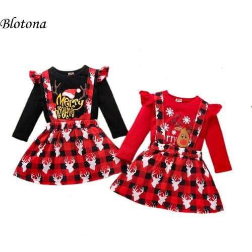 Blotona Kids Baby Girls Long Sleeve T-shirt Suspender Skirt Elk Print Plaid Dress Outfit Christmas Clothes, 18Months-Years