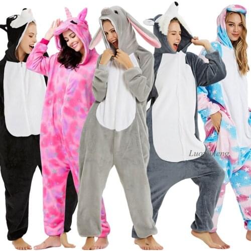Unicorn Onesies Adult Pajamas Animal Women Panda Costumes Winter Flannel Pyjamas Kigurumi Nightie Unicornio Sleepwear Overalls