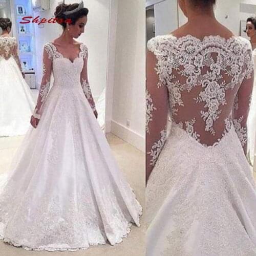 Elegant Long Sleeve Lace Wedding Dresses Ball Gown Turkey Plus Size Bride Bridal Weding Weeding Dresses Wedding Gowns 2019