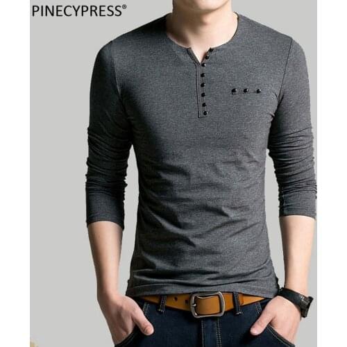 Quality Fashion Cotton Man T-shirt Long Sleeve V-Neck Casual Spring Autmn Slim Male Tee Buttons Black Grey Men T Shirt