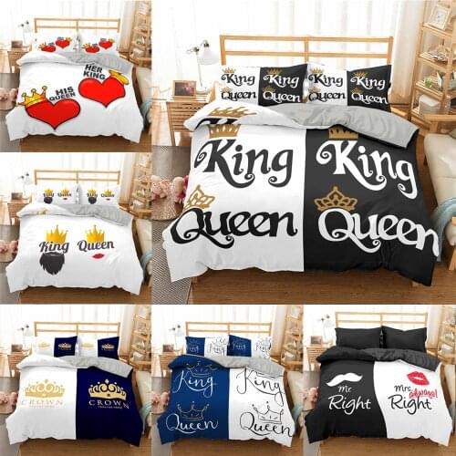 Crown King Queen Couple Bedding Sets Nordic 2 People Adult Lovers Quilt Bed Lines 3D Print White Comfort Duvet Cover 240x220