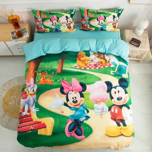 Cute Disney Cartoon Mickey Mouse Bedding Set Queen Minnie Mouse Duvet Cover Set Quilt Cover Flat Sheet Pillowcase Home Textile
