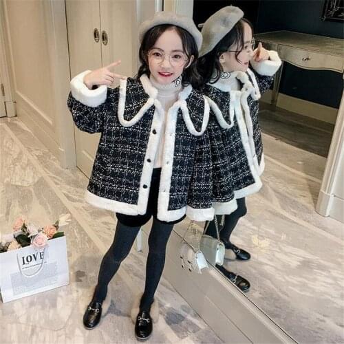 Fashion Winter Autumn Girls Coat Warm Wool Black Plaid Overcoat for Kids Outwear Jacket Pocket Toddler Clothes