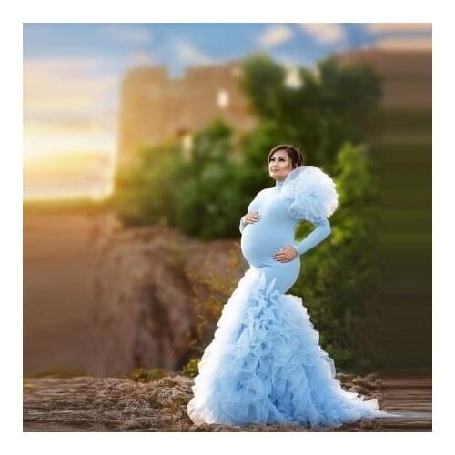 2021 New Arrival Blue Mermaid Pregnancy Dresses Long Sleeves Big Handmade Flowers Ruffles Flouncing Women Stretch Pregnancy Gown