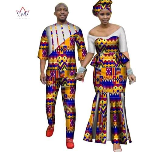 Africa Style Couples Clothing for Sweet Lovers Bazin Long Women Dress & Mens Sets Dashiki Plus Size Wedding Clothing WYQ314