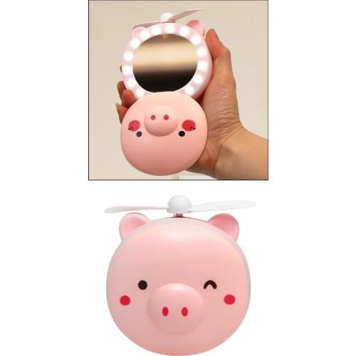 3 in 1 Pig Mini Cosmetic Mirror Cooling Fan Light Portable General Purpose USB Indoor