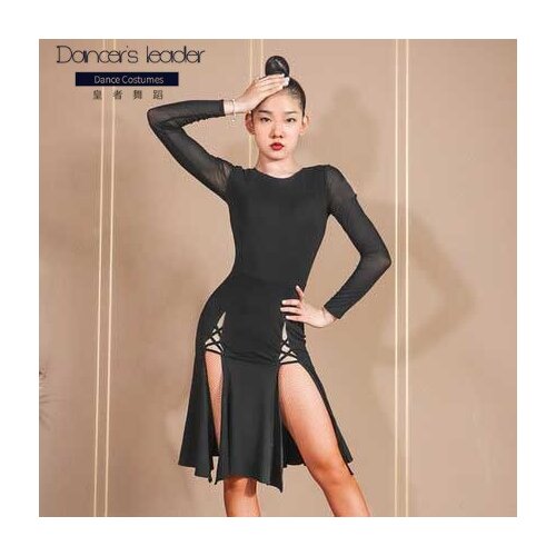 Latin dance dress woman sexy split dance practice clothes adult childrens chacharumba slim mesh dance skirt