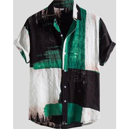 Mens Shirts Fashion Color Matching Print Short Sleeve Button Shirt Turn-Down Collar Shirt Tops Summer Casual Ropa Hombre Blouse