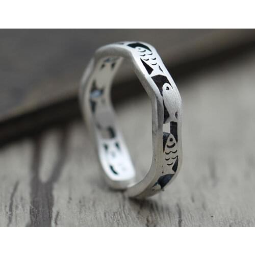 S990 silver jewelry Retro Vintage lady hollow fish fine art personality ring opening Silver Ring