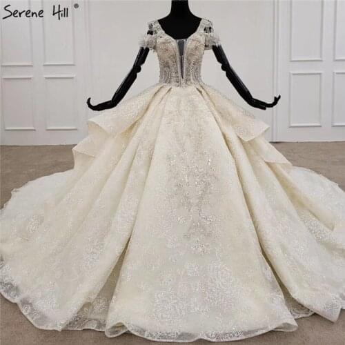 Serene Hill Luxury Sexy Short Sleeves Champagne Wedding Dress 2020 Dubai Diamond Beadings Bridal Gown Cusotm Made CHX0073