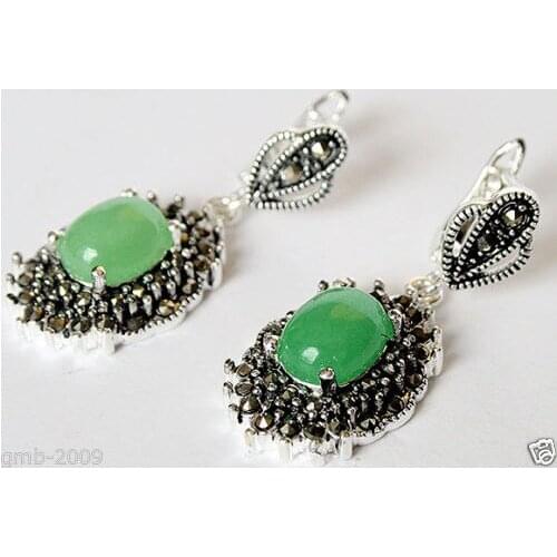 NEW PAIR NATURAL GREEN JADE QUARTZITE STONE 925 STERLING SILVER MARCASITE DANGLE EARRINGS