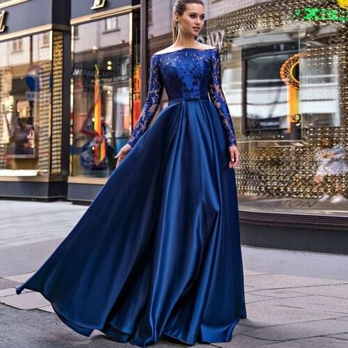 Royal Blue Long Sleeve Evening Dresses A Line Floor Length Off the Shoulder Lace and Satin Party Prom Gown Custom Made 2021