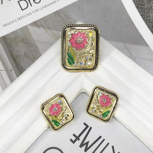 Vintage plant flower earrings inlaid with Gemstone alloy earrings enamel drop oil hollow Brooch Set