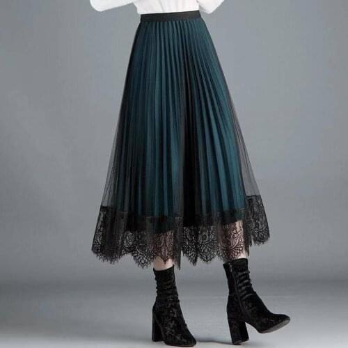 Half-length skirts for autumn and winter womens new style large-size high-waist lace pleated skirt mid-length thin mesh skirt