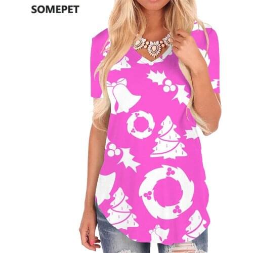 SOMEPET Christmas T Shirt Women Christmas Tree Shirt Print Painting V-neck Tshirt Pink Funny T shirts Womens Clothing Punk Rock
