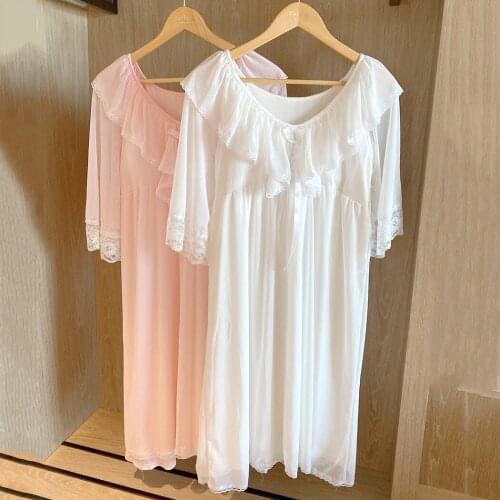 Lady Sweet Mesh Nightgown Summer Intimate Pajamas Sexy V-Neck Home Wear Butterfly Sleeve Nightdress Sweet Lace Ruffles Sleepwear