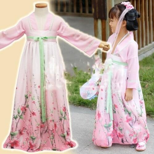 4 Designs Little Girl High Waist Ruqun of Tang Dynasty Print Chiffon Princess Hanfu for Childrens Day Stage Performance Hanfu