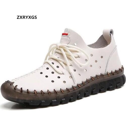 2021 New Summer Autumn Cowhide Hollow Leather Shoes Sandals Breathable Comfortable Sneakers Flat Shoes Casual Shoes Woman Flats