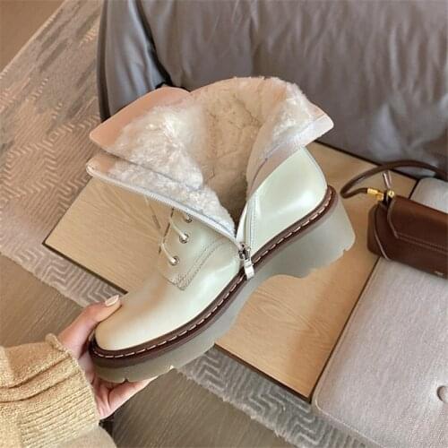 Winter Women Boots Lamb Wool Martin Boots Essential for Winter Cow Leather Round Toe Zipper Lace Up Chunky Heel Item No.M6373