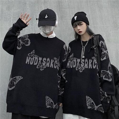 Harajuku Gothic Butterfly Jacquard Oversize Sweater Black O-Neck Knitted Women New Loose Streetwear Black Vintage Unisex Clothes