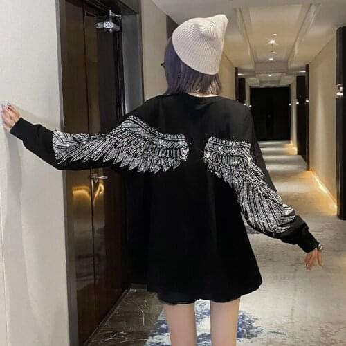 European Women Spring Pullover Long-Sleeved Loose Sweatshirt Mid-Length Back Wings Hot Drilling Black White Oversized Tshirt Top