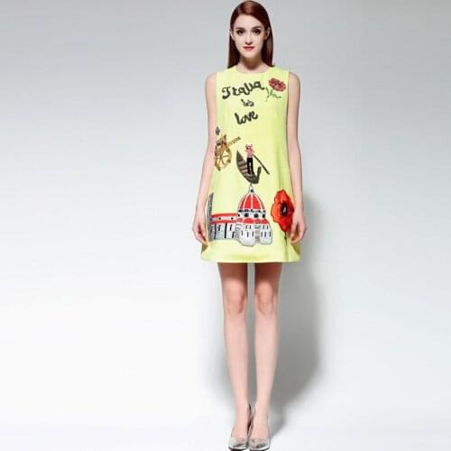 High quality 2017 O-Neck collar printing Appliques Tank dress designer womens summer dress