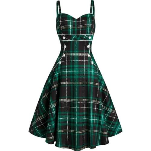 Harajuku Women Casual Dresses Plaid Button Embellished Sweetheart Rockabilly Style Dress Vintage Sleeveless Gothic Party Dress