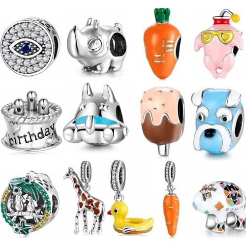 925 Sterling Silver Cute animal dog Yellow duck swimming ring Charms Beads Jewelry Making Fits Kataoka Charms Bracelet Bangles