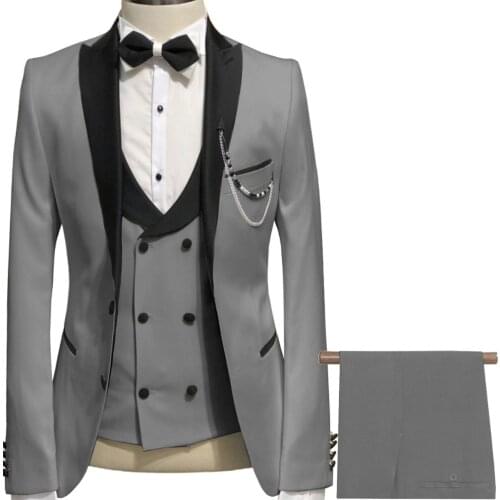 2020 New Grey Casual Mens Suit Three Pieces Business Groomsmen Best Man Lapel Tuxedos For Man Wedding Dress (Blazer+Pants+Vest)