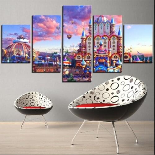 5 Pieces Pink Castle Canvas Wall Art Painting Girls Dream Posters Princess Pictures For Home Kids Decor Modern Wallpapers