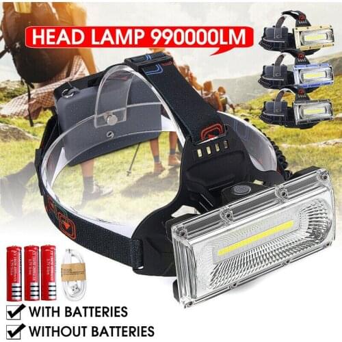 990000LM Powerful COB LED Headlight DC Rechargeable Headlamp 3Modes Waterproof Head Torch with 18650 Battery for Hunting Fishing