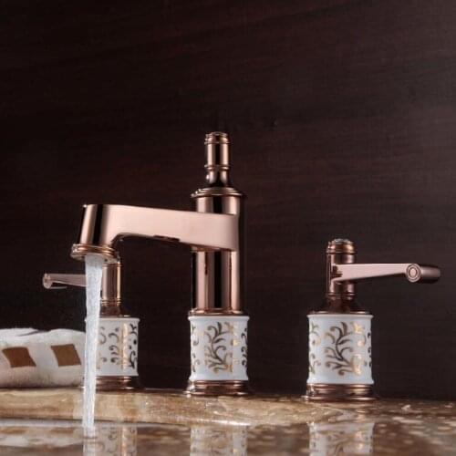 Authentic European classical imitation gold-plated ceramic basin taps double the three-hole split marble basin-wide copper