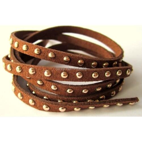 Free Ship 100 Meters Brown 5 x1.5mm w/ Gold Rivet Accents Microfiber Flat Faux Suede LeatherLace Cord For DIYJewelry