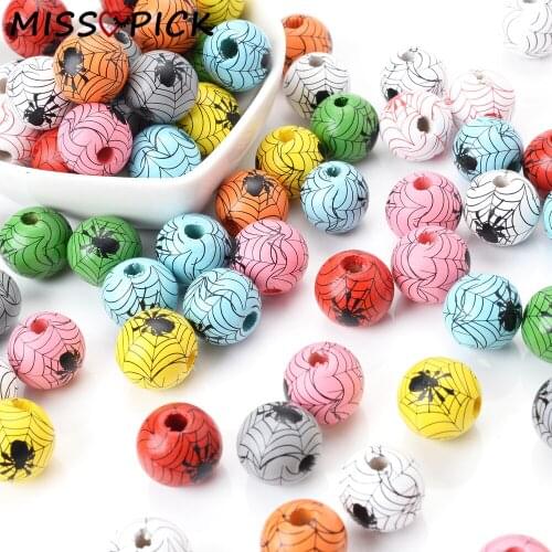 10pcs 15mm Round Halloween Spider Pattern Natural Wood Beads Loose Spacer Beads for Jewelry Making DIY Bracelet Accessories Gift